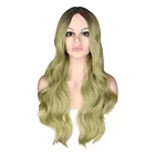 QQXCAIW Длинный натуральный волнистый парик для женщин черный Омбре смешанные зеленые волосы средняя часть термостойкие синтетические волосы парики косплей