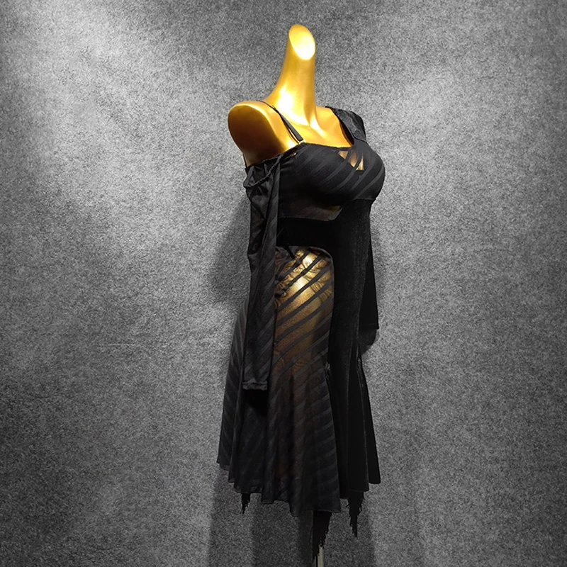 Женское платье для латиноамериканских танцев прозрачное с бахромой и одним