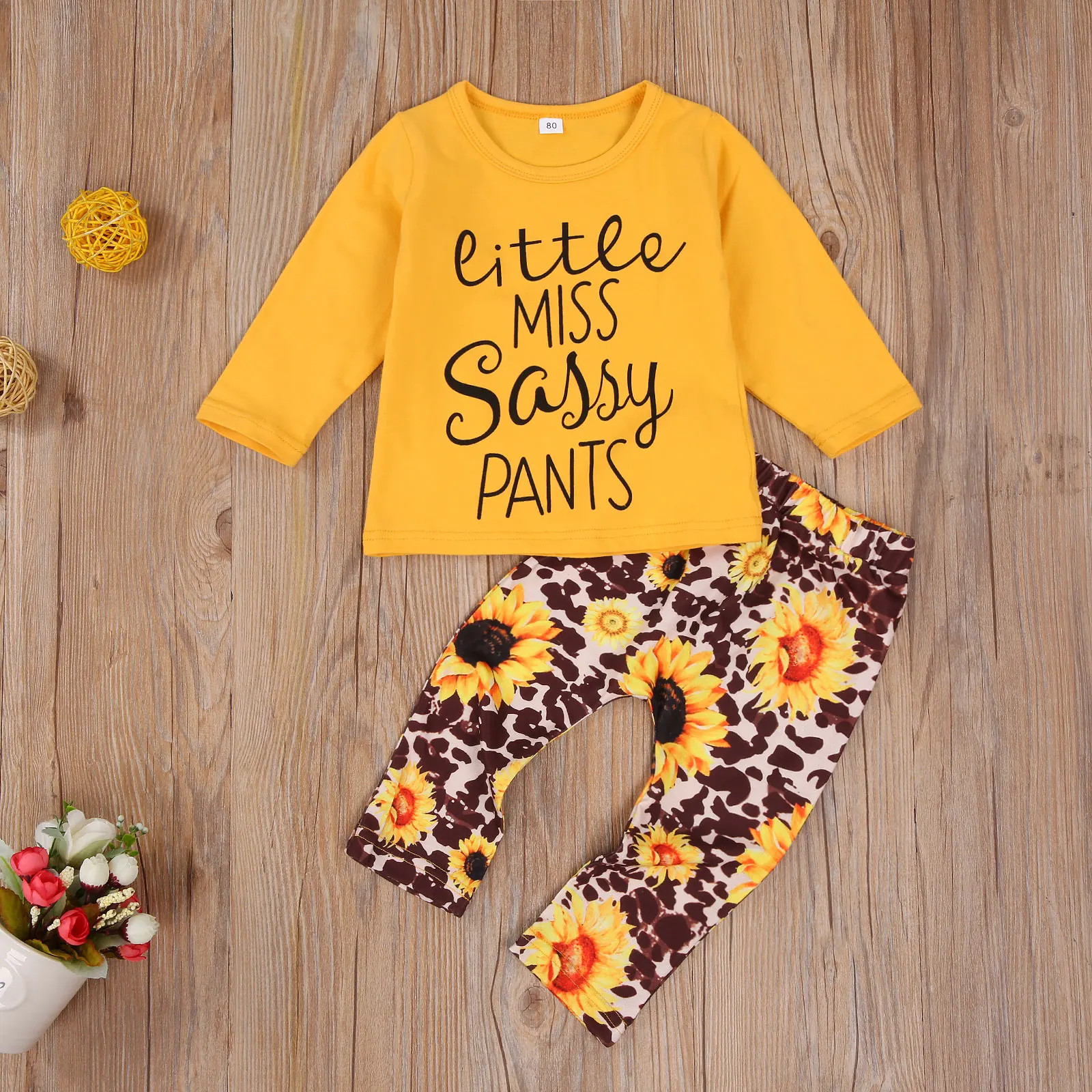 

2020 Fall Spring Newborn Baby Girls Clothing Set Toddler Round Collar Long Sleeve Letter Print T-shirt + Sunflower Pants 0-3T