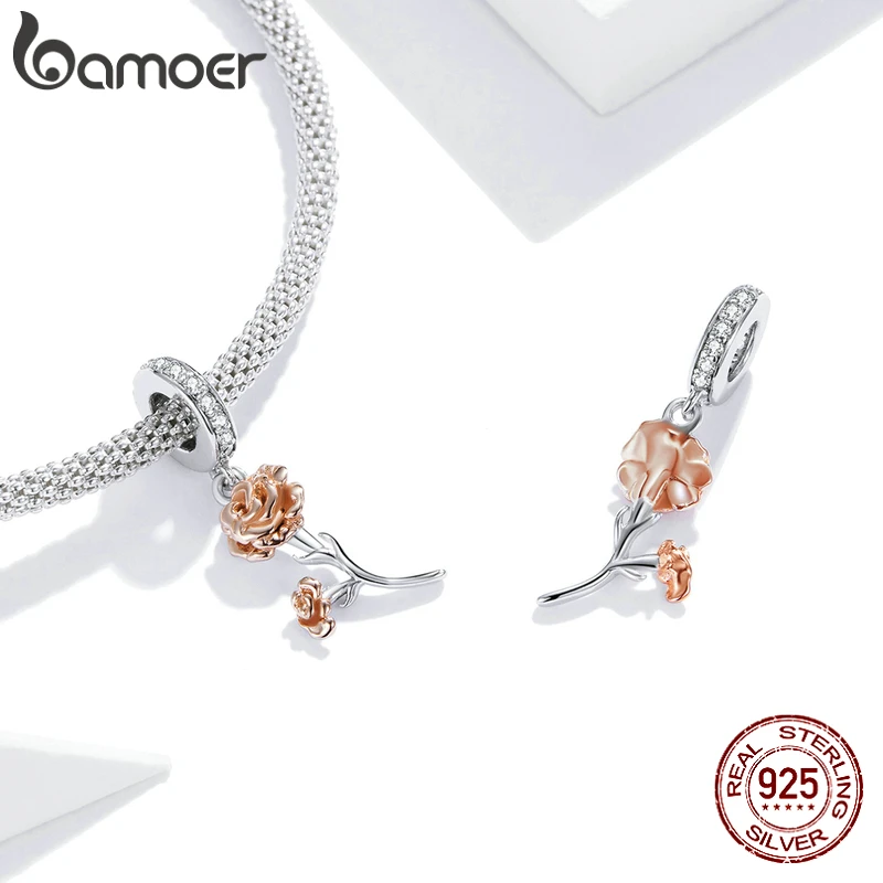 Bamoer 925 пробы серебро розовое золото Гвоздика Кулон CZ цветок Шарм для