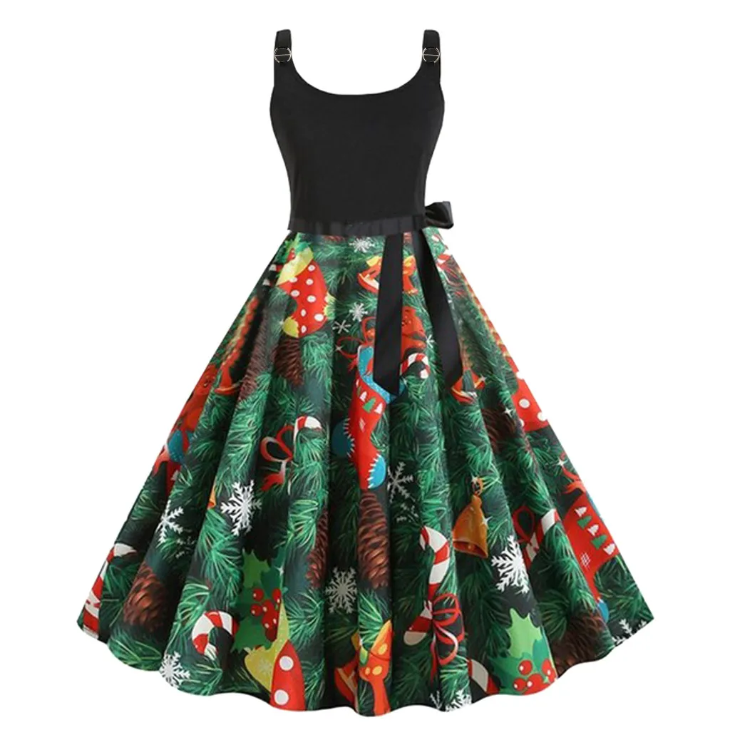 Винтажное женское платье модное винтажное на бретелях с принтом Санта Клауса и