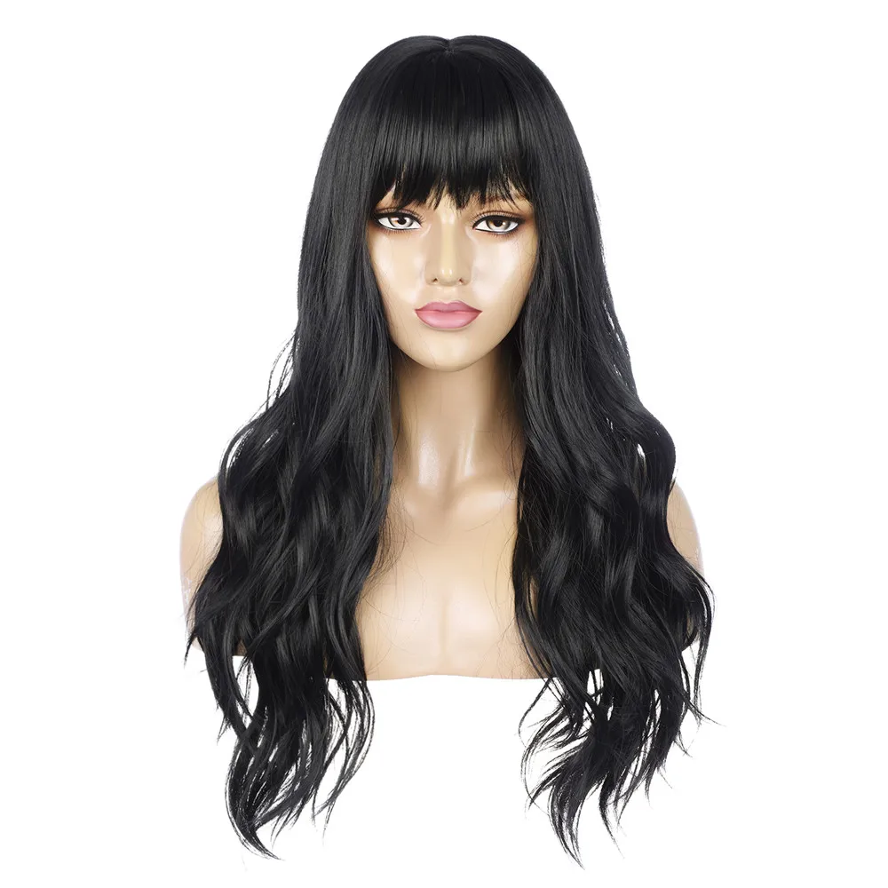 

Long Wavy Wig Black Cosplay Synthetic Wigs for Black Women Daily Cosplay Fake Hair Wigs with Bangs Natural Looking