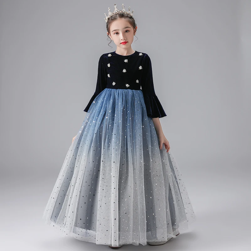 

Бальное платье с аппликацией и круглым вырезом, плиссированное платье в пол с рукавами три четверти, детское вечернее платье для причастия, ...