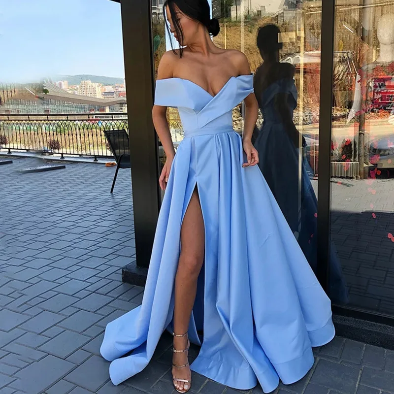 

Sexy V-Neck A-Line Evening Dress Sky Blue Off The Shoulder Split 2021 Backless Sashes Prom Gown For Women Satin Robes De Soirée