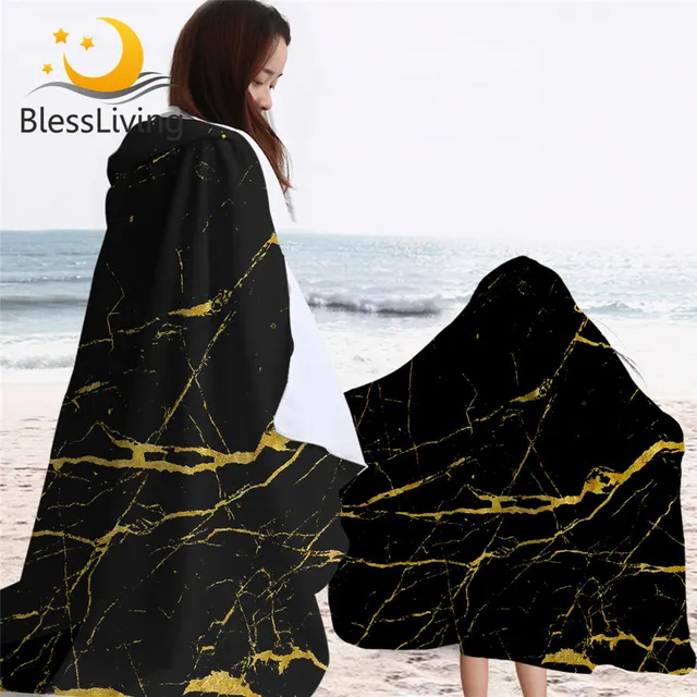 BlessLiving Marble Hooded Towel Microfiber Bath Towel With Hood Gold Glitter Black Stone Wearable Beach Wrap Trendy Blanket 1PC 1