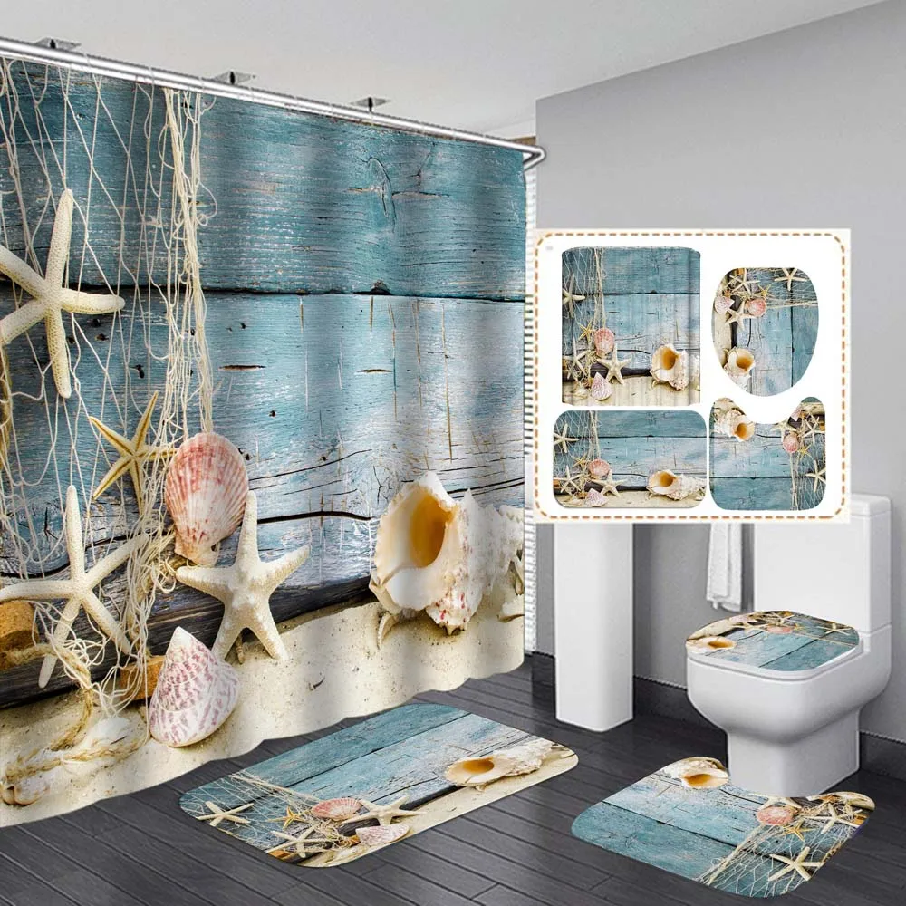 Goedkoop Seastar Shell Douchegordijn Set Badmatten Antislip Tapijten Wc Deksel Cover 4 Stuks Set Strand Landschap Waterdicht Badkamer Gordijn