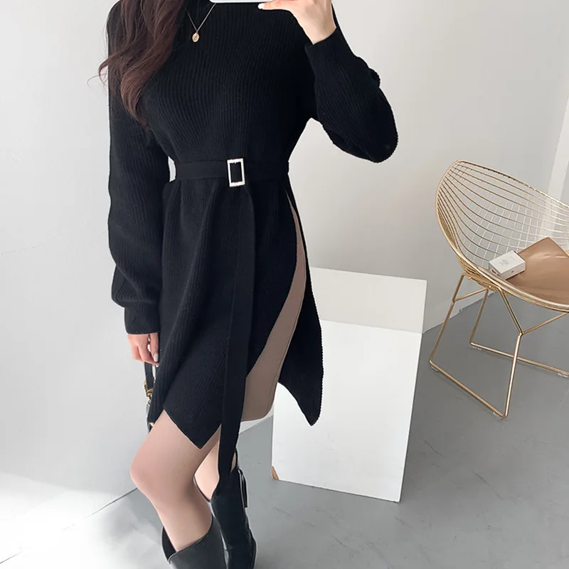 

One-Piece Knit Dress Women 2020 Autumn Winter Side Split Lace-Up Sweater Dress Woman Korean Slim Knitted Sweater Mini Dress Lady