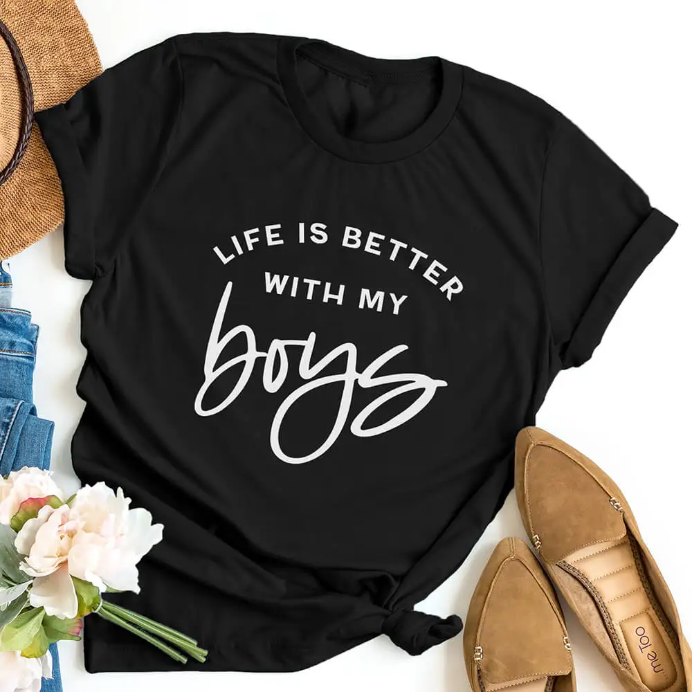 Женская футболка из 100% хлопка с принтом Life Is Better With My Boys пуловер круглым вырезом