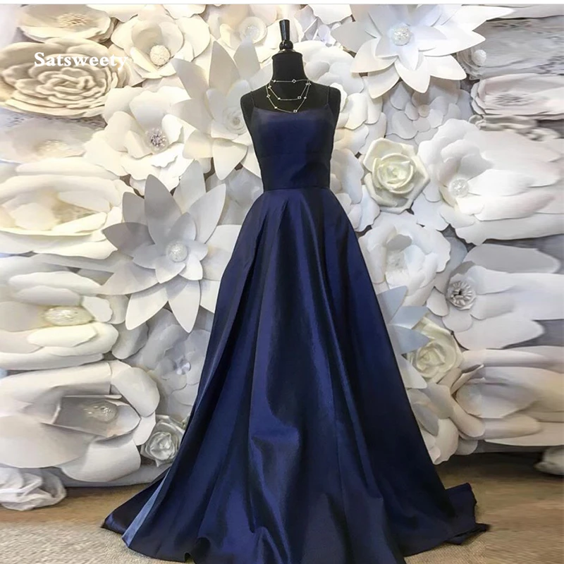 

Simple A-line Prom Dresses Spaghetti Straps Navy Blue Vestidos De Formal Prom Gowns Cheap Long Women Formal Prom Party Dresses