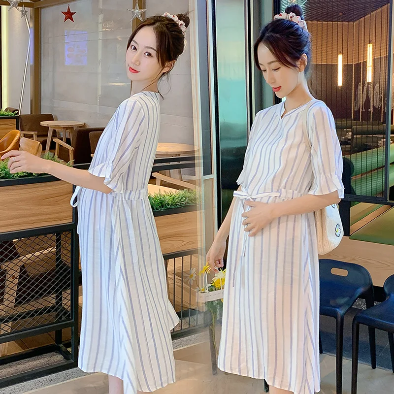 Cotton Blend Casual Pregnancy Dress Maternity Clothes Pregnant Women Short Sleeve Stripe Summer Dress Pregnancy Loose Clothing