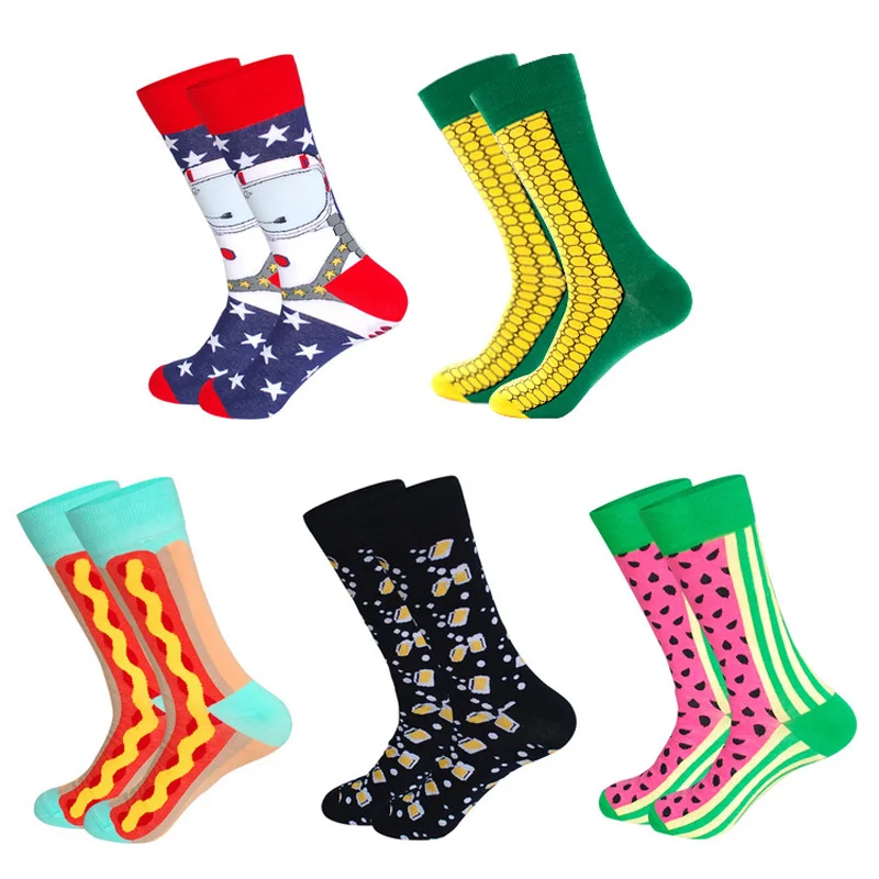 

Men Cotton Casual Happy Socks Fashion Beer Corn Watermelon Colorful Pattern Long Socks Business Party Printed Happy Crew Socks