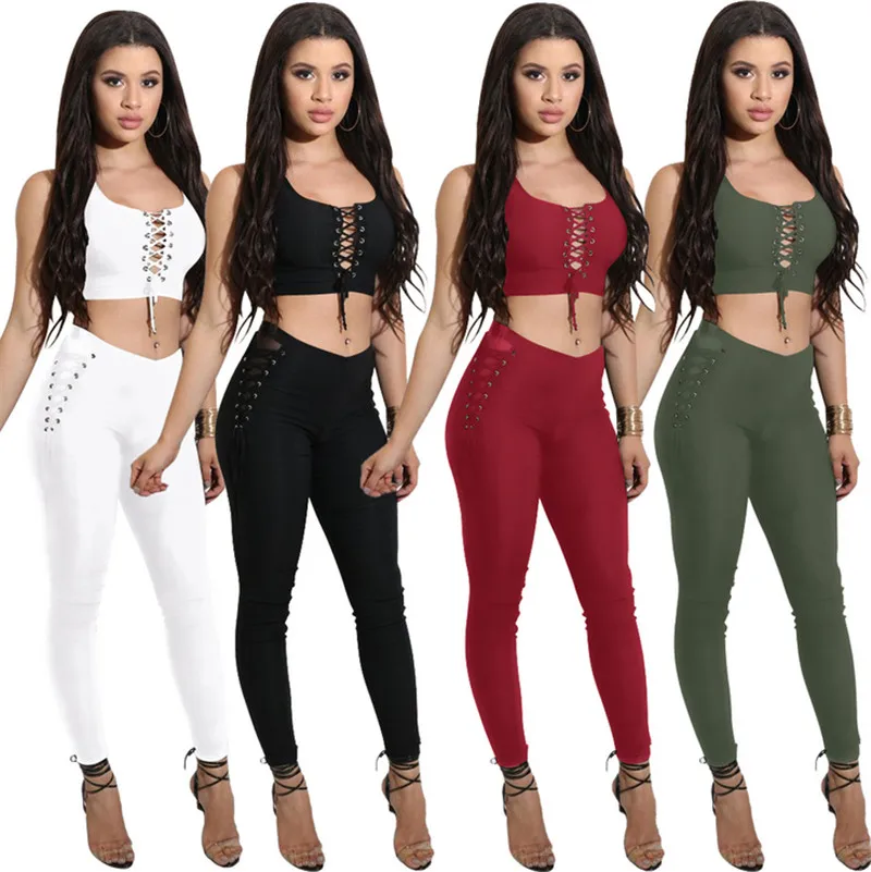 

2 Piece Sets Sexy O-Neck Lace Up Tight Bandage Crop Top and Long Pencil Pants Slim Sheath Elastic Tracksuit Clubwear Female