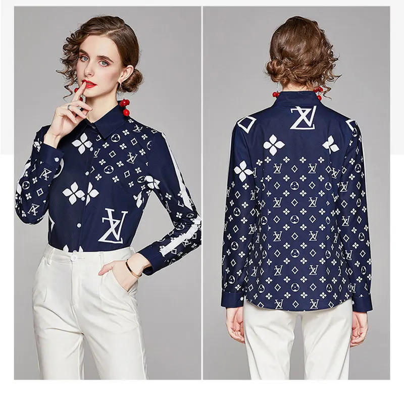 

Flower Print Blouse Women Blue Brown chemise femme Sexy Daily Tops camisas de mujer Full Long Sleeves blusas mujer OL vetement