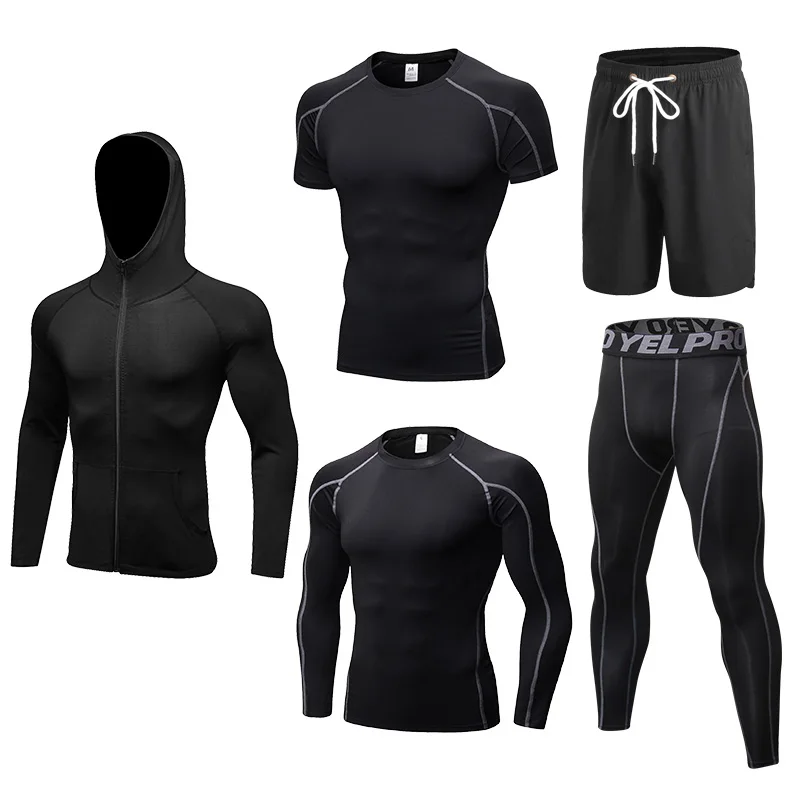 

Новинка, комплекты для бега, 5 шт./компл., трико для баскетбола, тренировочная одежда, мужские спортивные костюмы для спортзала, фитнеса, бега