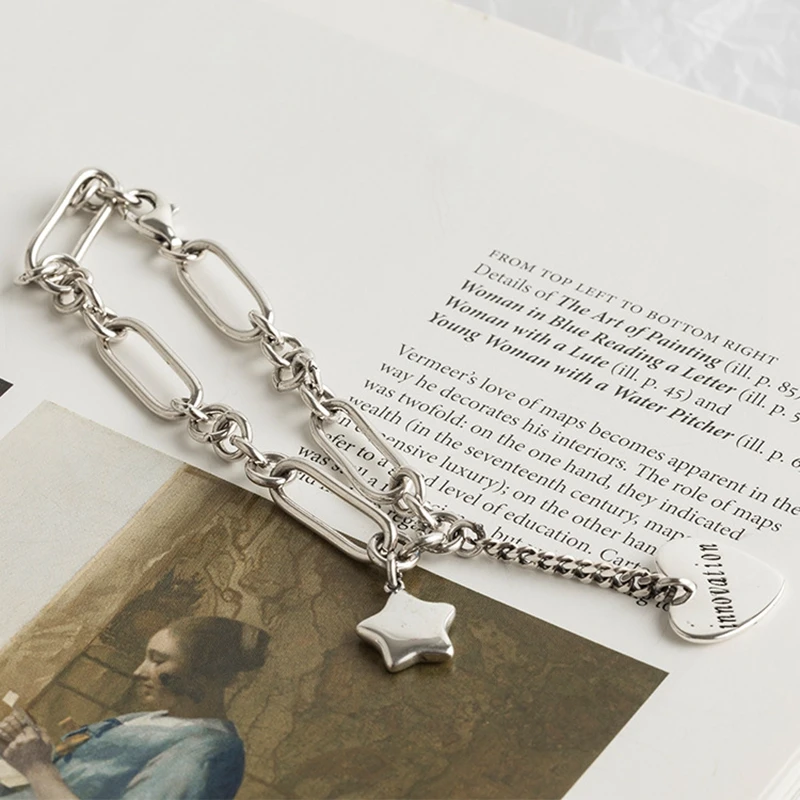 Браслет женский из серебра 100% пробы с сердцем и звездами|Гибкие жесткие браслеты|