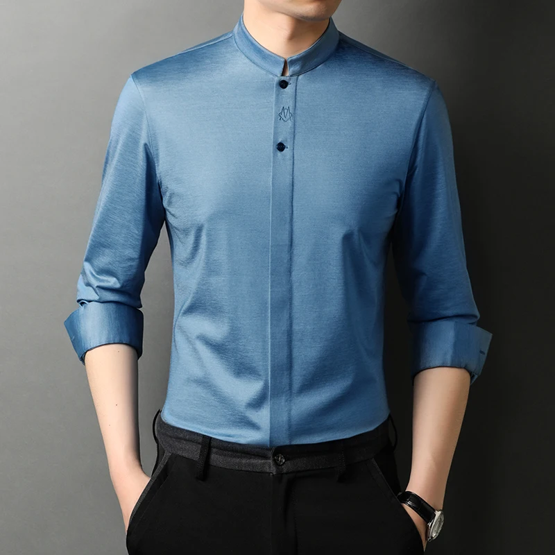 

Top Quality Mandarin Collar Blue Classic Silk Shirts For Mens Green Pueple Elegant Wedding Shirts Gentleman Work Big Size Blouse