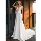 Атласное свадебное платье с V-образным вырезом, модель 2021 года, легкое свадебное светильник-трапеция с открытой спиной, облегающее простое свадебное платье принцессы со шлейфом