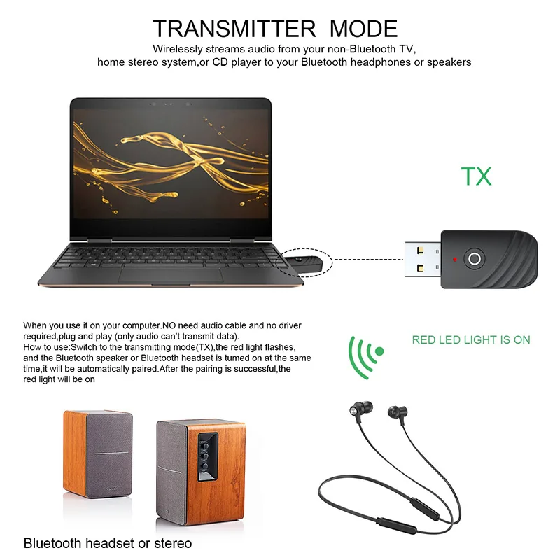 

USB Bluetooth 5.0 Adapter Transmitter Receiver Audio Bluetooth Wireless USB Adapter For Computer PC Laptop Bluetooth Receiver