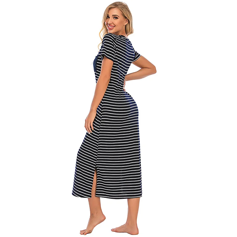 Spring and Summer Women's Nightdress Short-sleeved Striped Comfortable Loose Home Service Sleep Tops Sleepwear Women Nightwear
