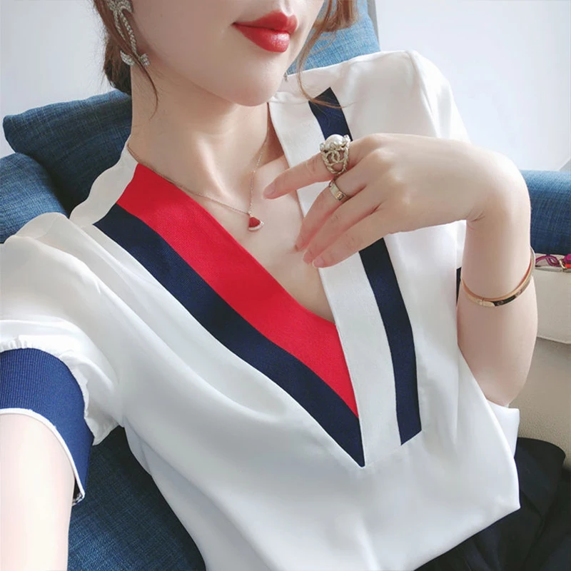 Women's Spring Summer Style Chiffon Blouses Shirt Elegant V-Neck Patchwork Korean Casual Tops DD9031 | Женская одежда
