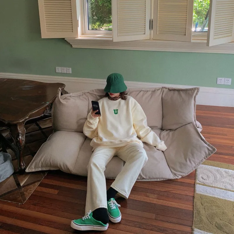 

Vintage Long Sleeve Letter Print Hoodie Sweatshirt Women Loose Cotton Round Neck Plus Velvet Aesthetic Clothes Harajuku Pullover