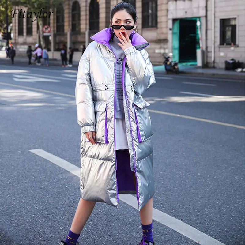 Блестящий зимний серебристый черный пуховик Женская водолазка с воротником