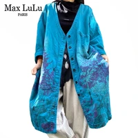 max lulu korean new design blue printed v neck windbreakers women long clothing harajuku loose trench ladies punk casual trench