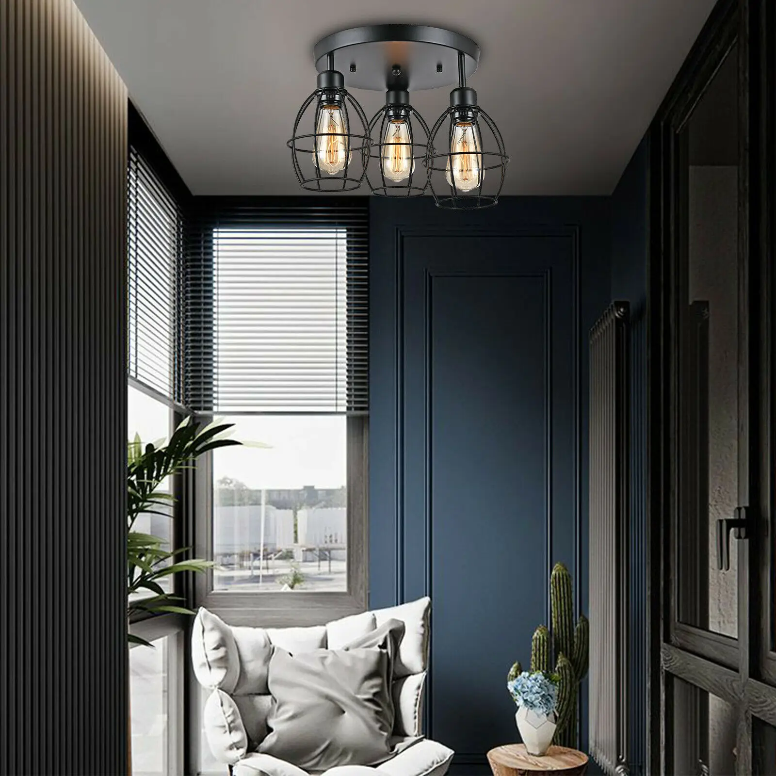 

OUKANING Metal Cage Ceiling Fixture Lamp Black Farmhouse Chandelier Vintage Pendant Light for Restaurant Dining Room Hallway