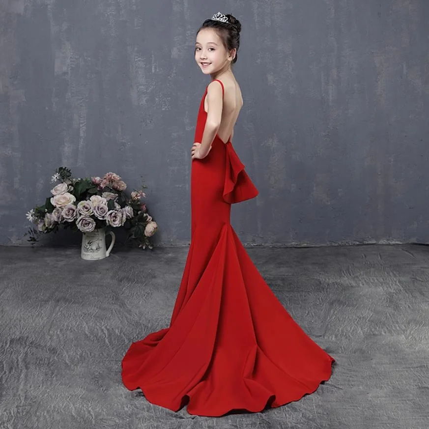 

Red Trumpet Flower Girl Dresses Tailings Wedding Kids Dress Backless Mermaid Princess Dress for Birthday Modis Vestidos Y1543
