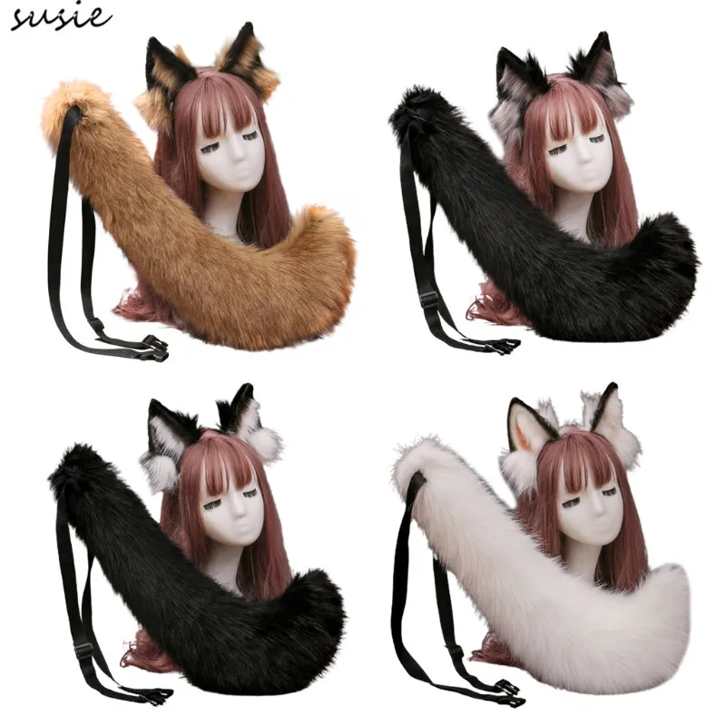 Искусственный мех повязка на голову с волчьими ушками и пушистый Anmimal длинный