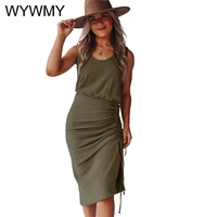 new women o neck sleeveless dress solid color knee length drawstring dress ladies casual beach dresses summer clothes for women