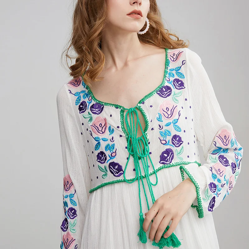 

BLLOCUE Vintage Ethnic Style Travel Vacation Beach Dresses 2020 Summer Women Bohemian Embroidery Floral Lace-up Long Dress