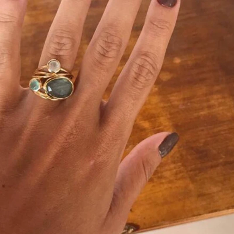 

Labradorite & Moonstone Aqua Blue Ring Flashy Rainbow Natural Stone Band Rings for Women Girls Jewellery Gift Size 6 7 8 9 10