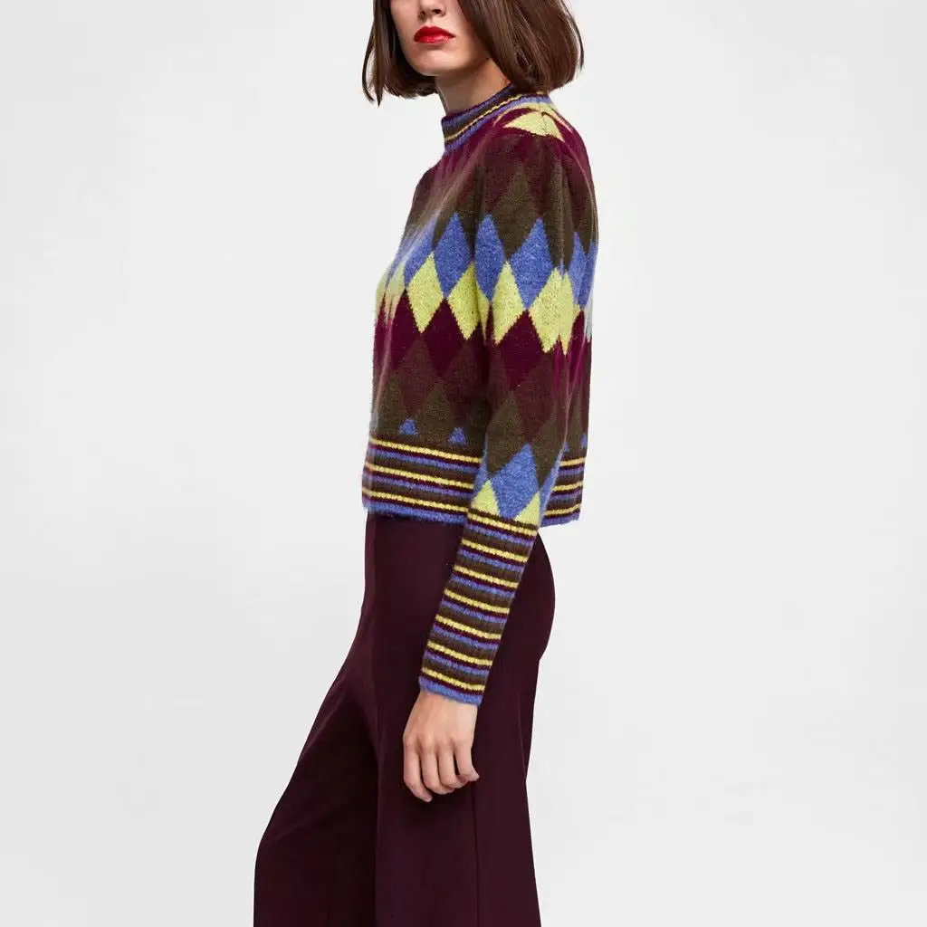 Autumn Winter Women's Slim Sweater O-Neck Female Pullover Vintage Retro Long Sleeve Print | Женская одежда