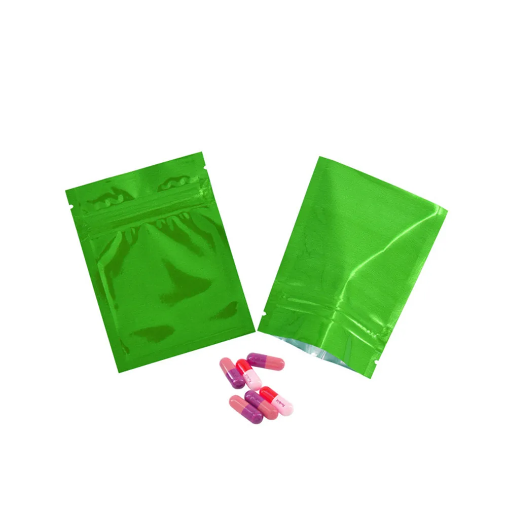 

100Pcs Glossy Green Mylar Foil Bag Zip Lock Self Grip Seal Tear Notch Flat Resealable Reclosable Pouches for Food Snack Bean Tea