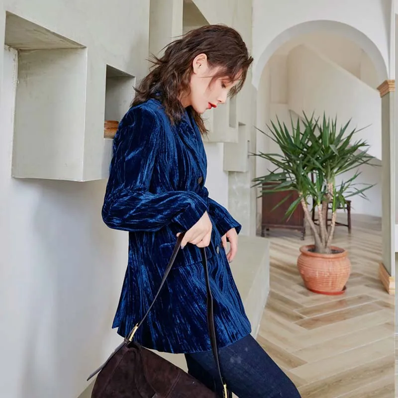 

Women New High Quality Chic velvet blazer 2020 Spring Autumn OL jacket With belt Ladies Tops Europe Female Outwear YNZZU 9O175