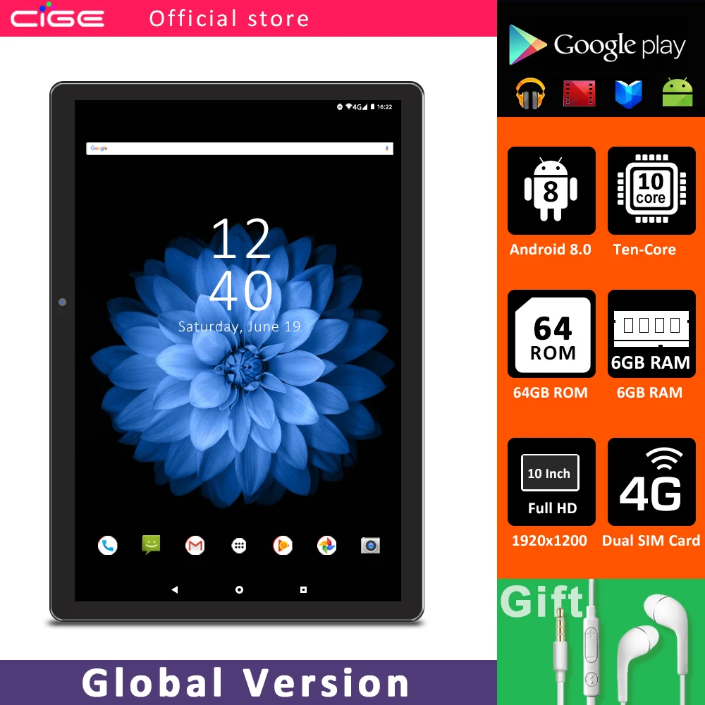 

10 Inch Tablet PC 10 Core IPS 1920 x 1200 HD Display 6GB RAM 64GB Storage 1920X1200 Android 8.0 Dual Camera 4G LTE 5G WIFI GPS