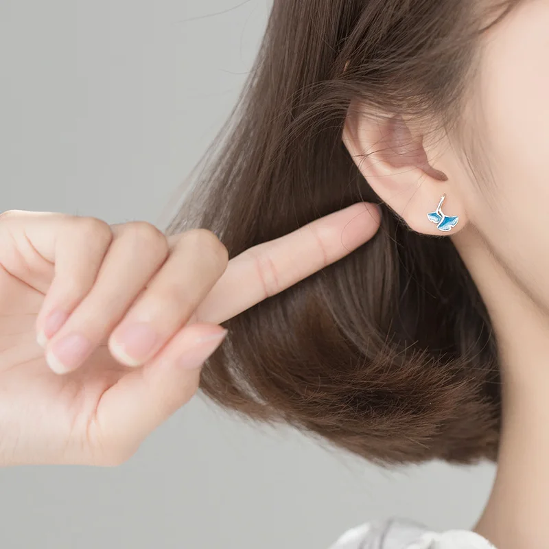 100% реальные 925 стерлингового серебра гинкго билоба серьги-гвоздики милый синие