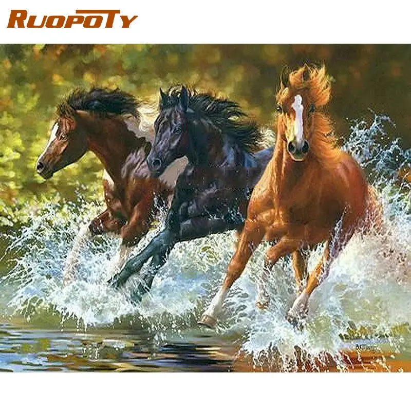 

RUOPOTY рамка Речная лошадь животные DIY картина по номерам Европа ручная роспись маслом на холсте для дома Настенная картина