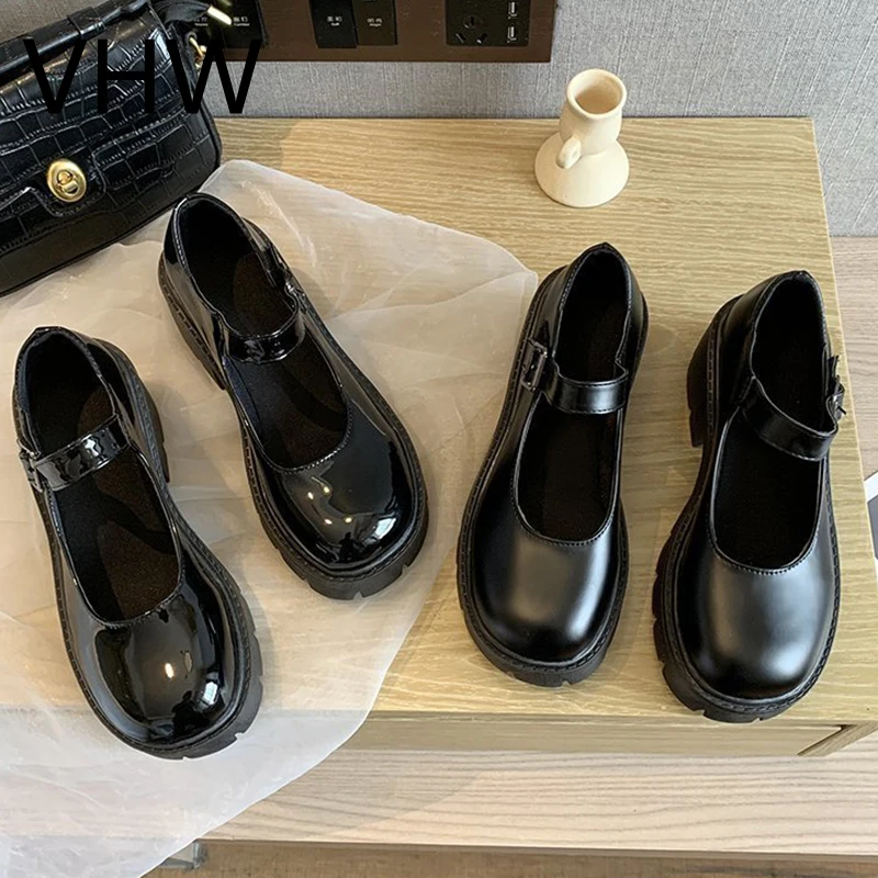 

Women Leather Shoes 2021 Spring Summer Mary Jane Shoes Vintage Girls Lolita Shoes Black Round Toe Patent Leather Platform Shoes