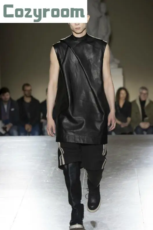 

2021 men's clothing Hair Stylist Walking show front folding imitation leather Sleeveless PU Vest Plus Size male Singer costumes