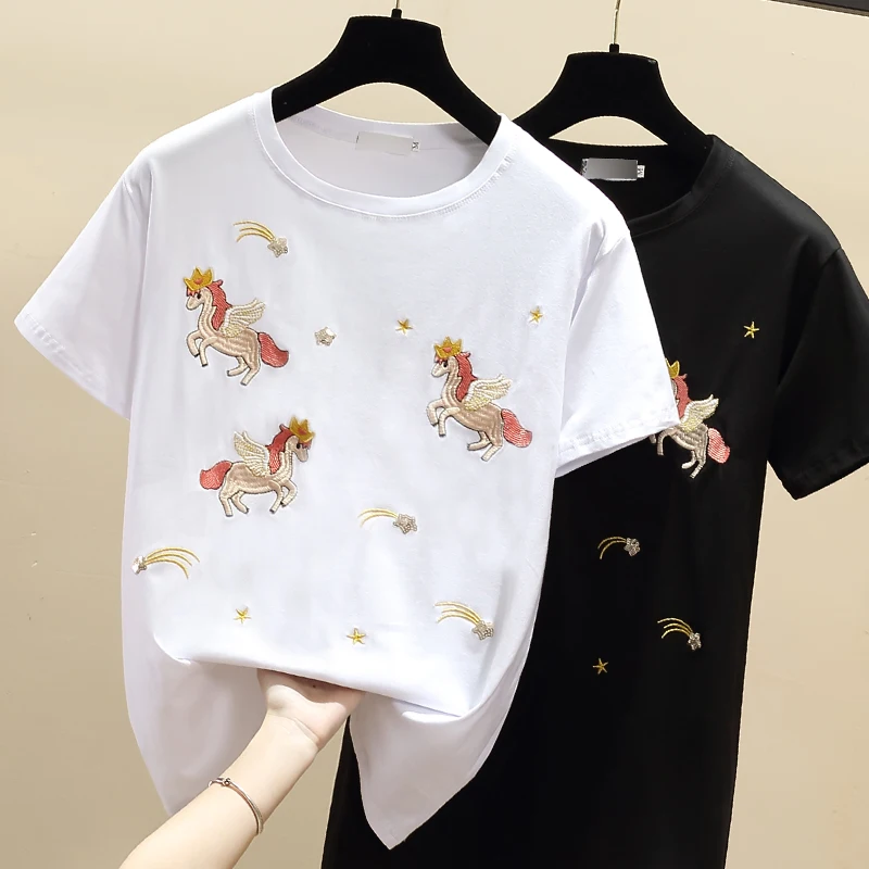 

WWENN Embroidery Short Sleeve New 2021 Korean T shirt Women Clothes Cotton Casual White Female T-Shirt Summer Tops Tee Shirt