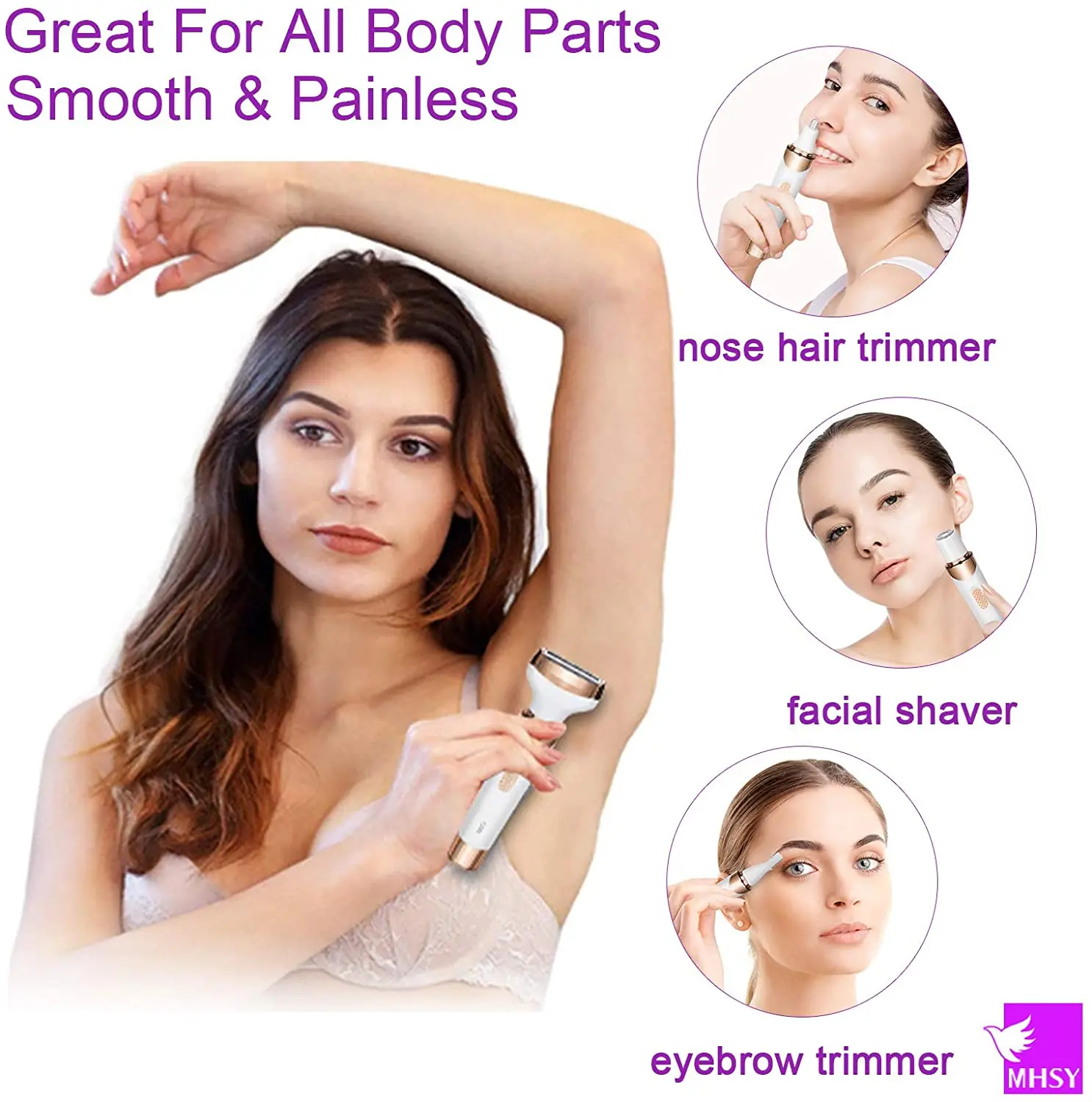 

Женская бритва 4 в 1, USB эпилятор для удаления волос, триммер для бикини, щетка для очищения лица, массажер для лица, электрическая бритва для ж...