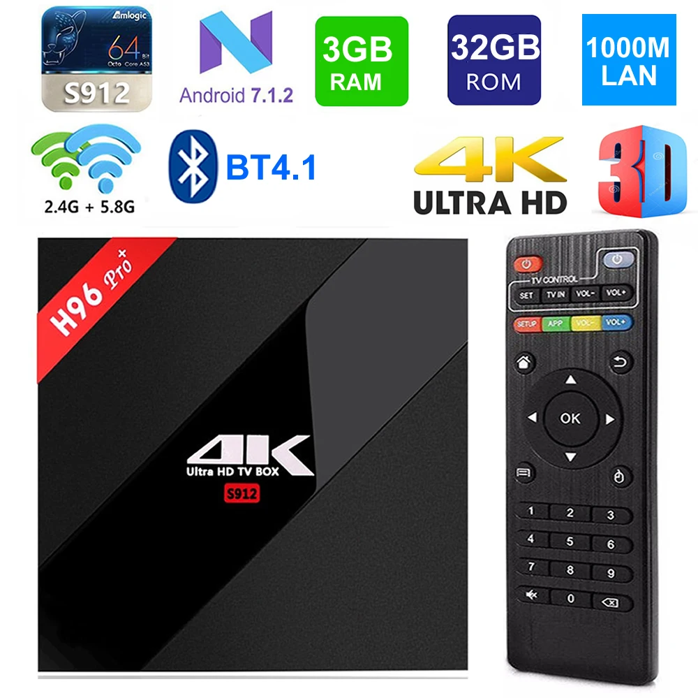 H96 Pro PLUS Smart TV BOX Amlogic S912 Восьмиядерный 3G RAM 32G ROM 1000M LAN 2 4G 5G DUAL WIFI BT4.1 4K HDR Android 7 1