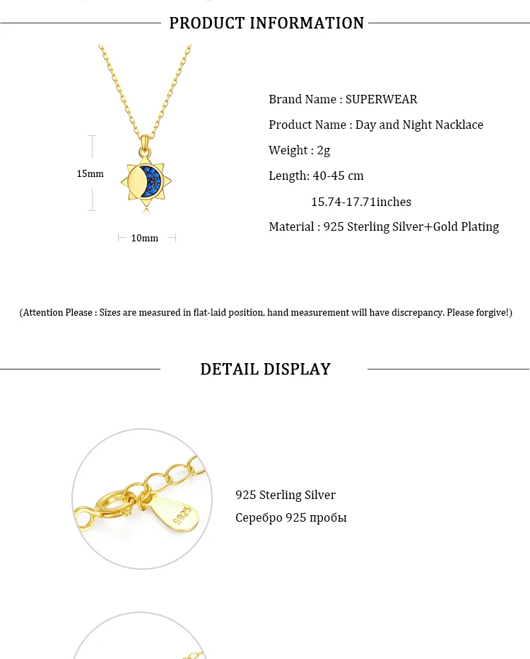 SUPERWEAR, солнцезащитные ожерелья с кулонами в виде Луны, 925 пробы, серебряный, желтый, золотой цвет, регулируемое колье, ожерелье для женщин, модное ювелирное изделие