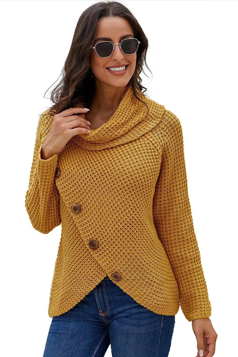 

Women Buttoned Wrap Turtleneck Sweater Knit Textured Pullover Long Sleeve Asymmetric Wrap Tops Outwear Highstreet Jumper Clothes