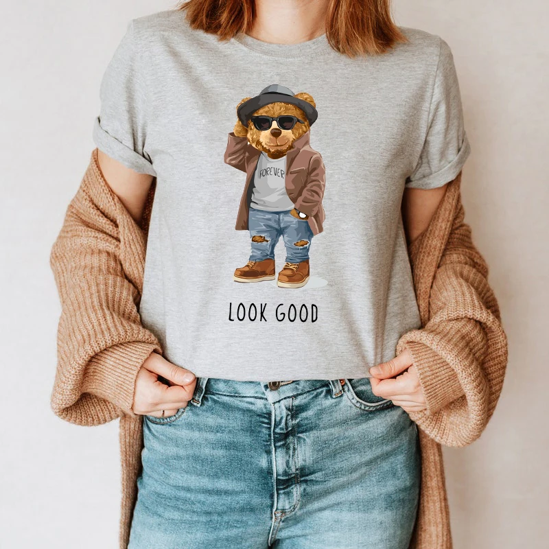 

Summer Valentine's Day Handsome Teddy Bear Print T-shirt Hip Hop Cotton Short Sleeve Loose Fashion Couple T-shirt Casual Harajuk