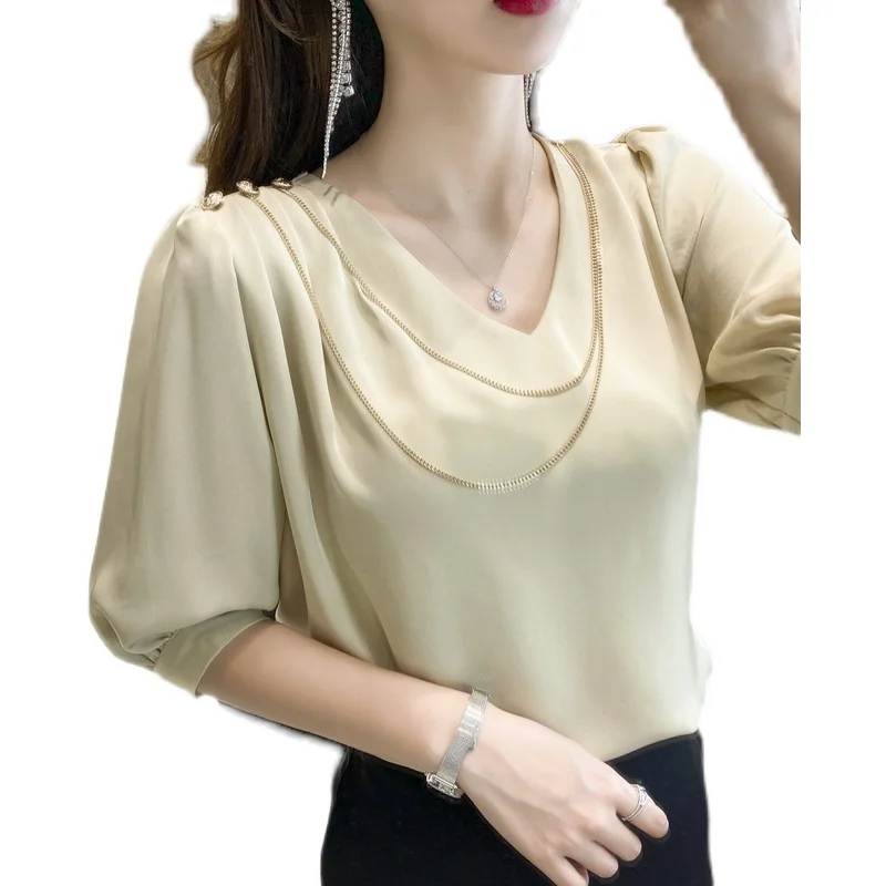 

Women's Blouse Chiffon Top Short Sleeve V-neck Shirt Casual Fashion Tops Summer Solid Color New Shirts Plus Size 10099