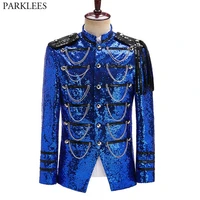 royal blue sequin embellished military blazer jacket men stage party prom mens tuxedo suit jacket singer show dj costume homme