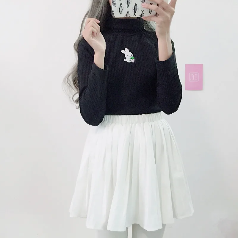 

New Lolita women sweater kawaii pullover top super cute rabbit embroidery high collar stretch warm knit bottoming sweaters